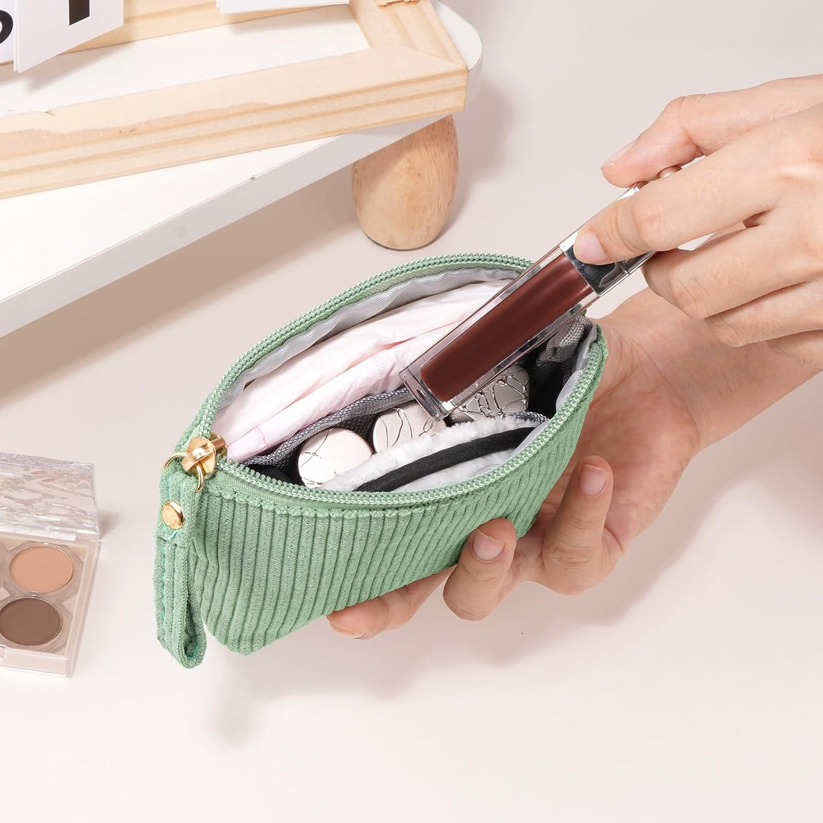 Mini Corduroy Makeup Bag for Women - Small Travel Cosmetic Pouch