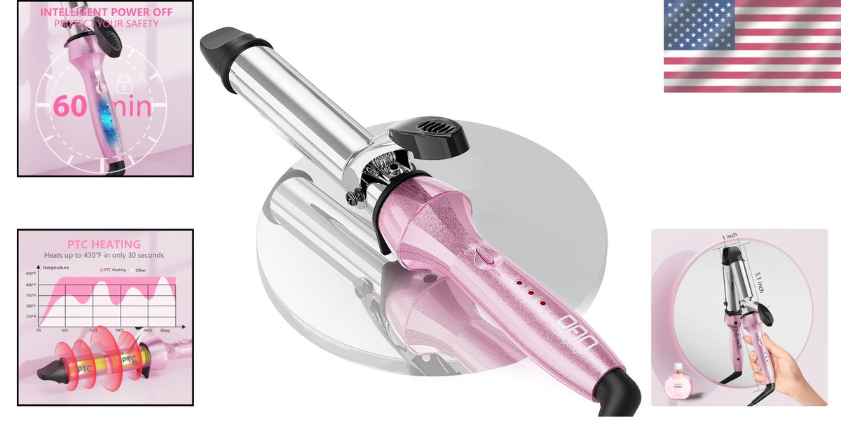Dual Voltage Pink Curling Iron with Anti-Scald Safety Features - 450°F