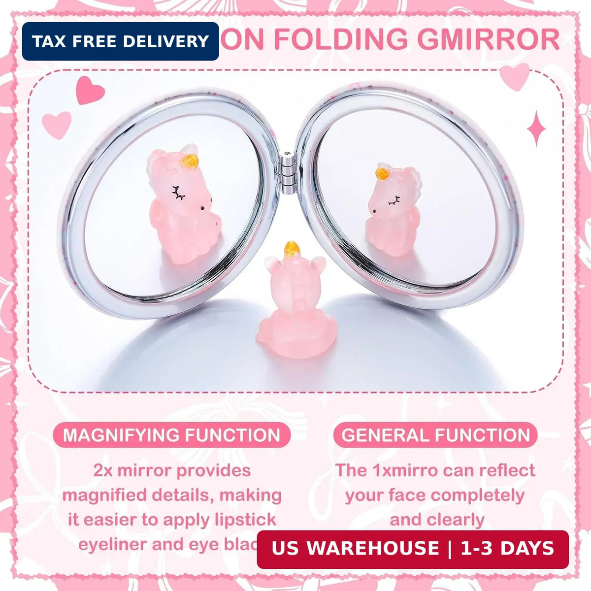 Pink Bow Compact Mirrors Set - Double-Sided Makeup Mirrors with Magnification, Portable and Stylish for Women & Girls