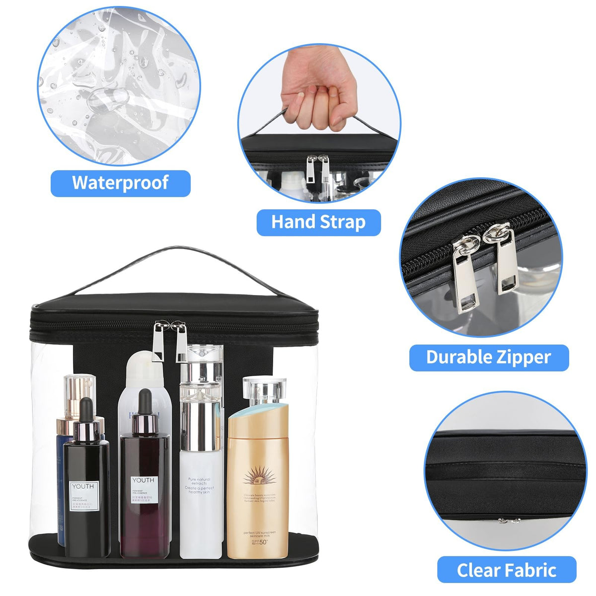 Large Transparent Travel Cosmetic Bag Waterproof Makeup Organizer with Handle