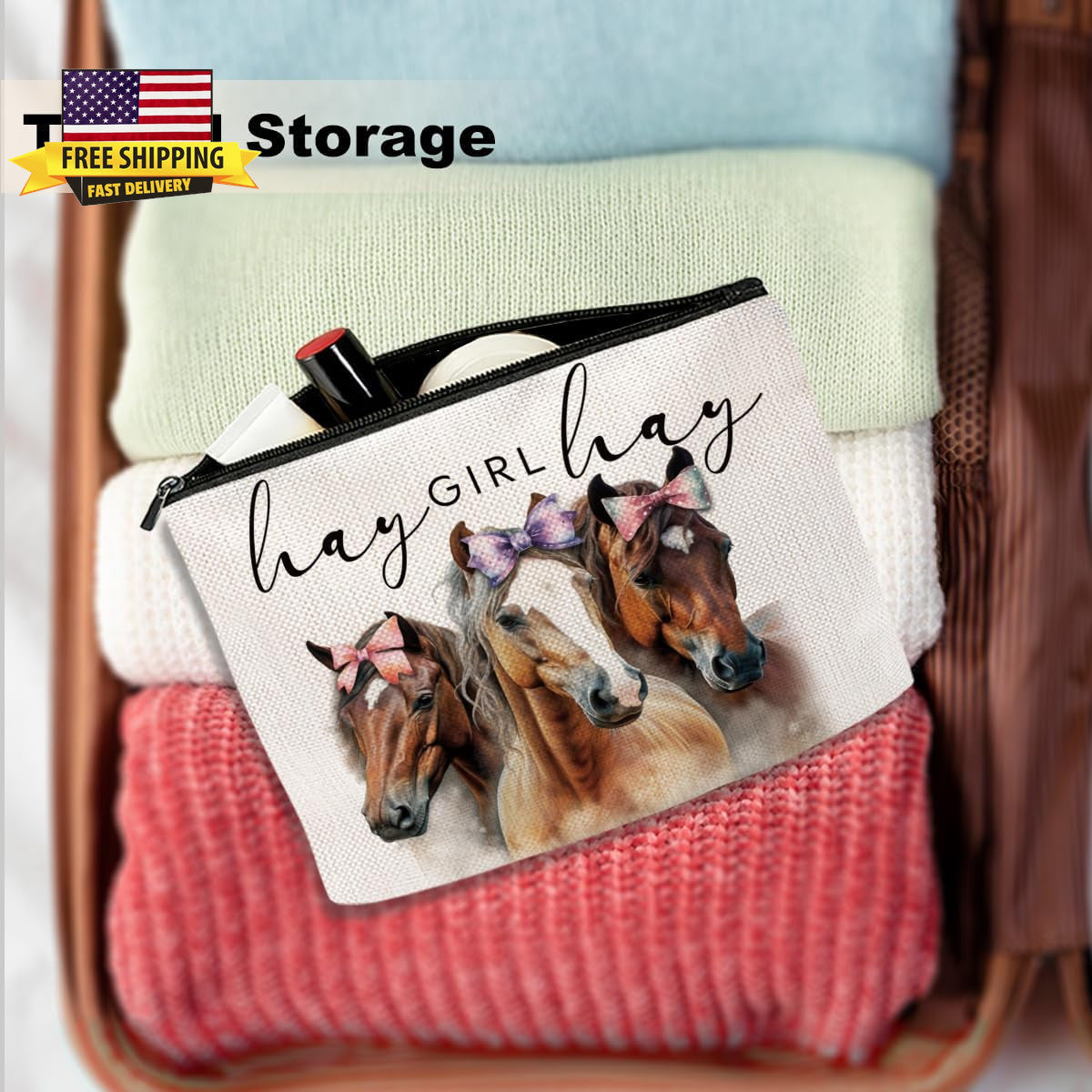 Horse Lover Makeup Bag Western Country Girl Gift Waterproof Canvas