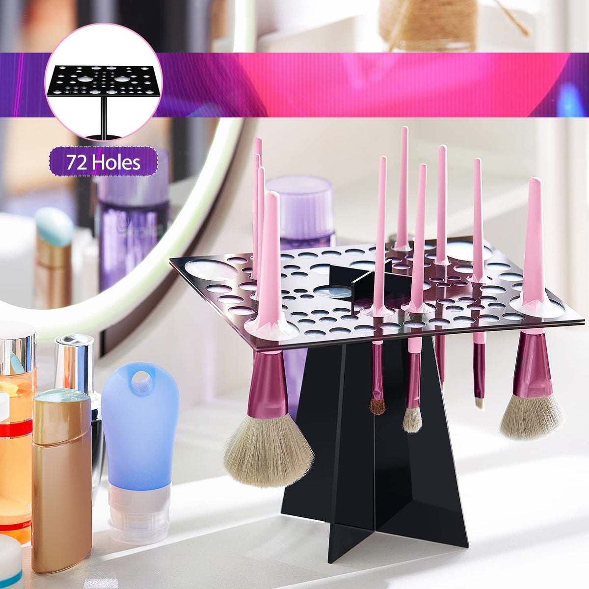 Acrylic Makeup Brush Holder with 72 Holes - Portable Drying Rack & Organizer