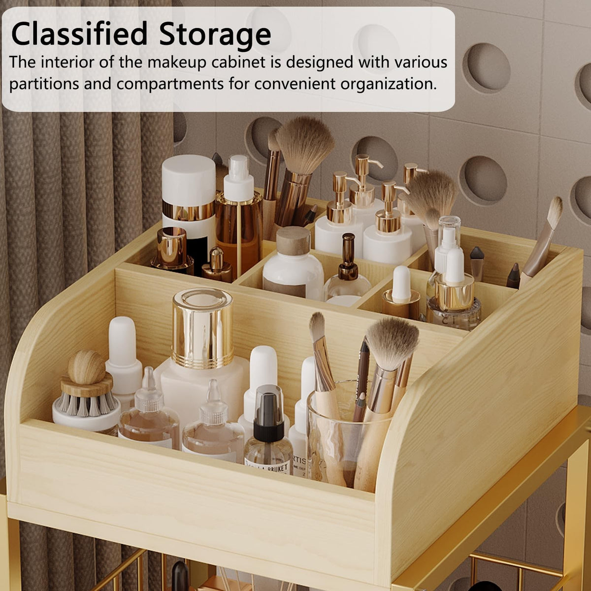 Gold Makeup Organizer Cart with 3 Drawers & Open Shelves for Vanity Storage