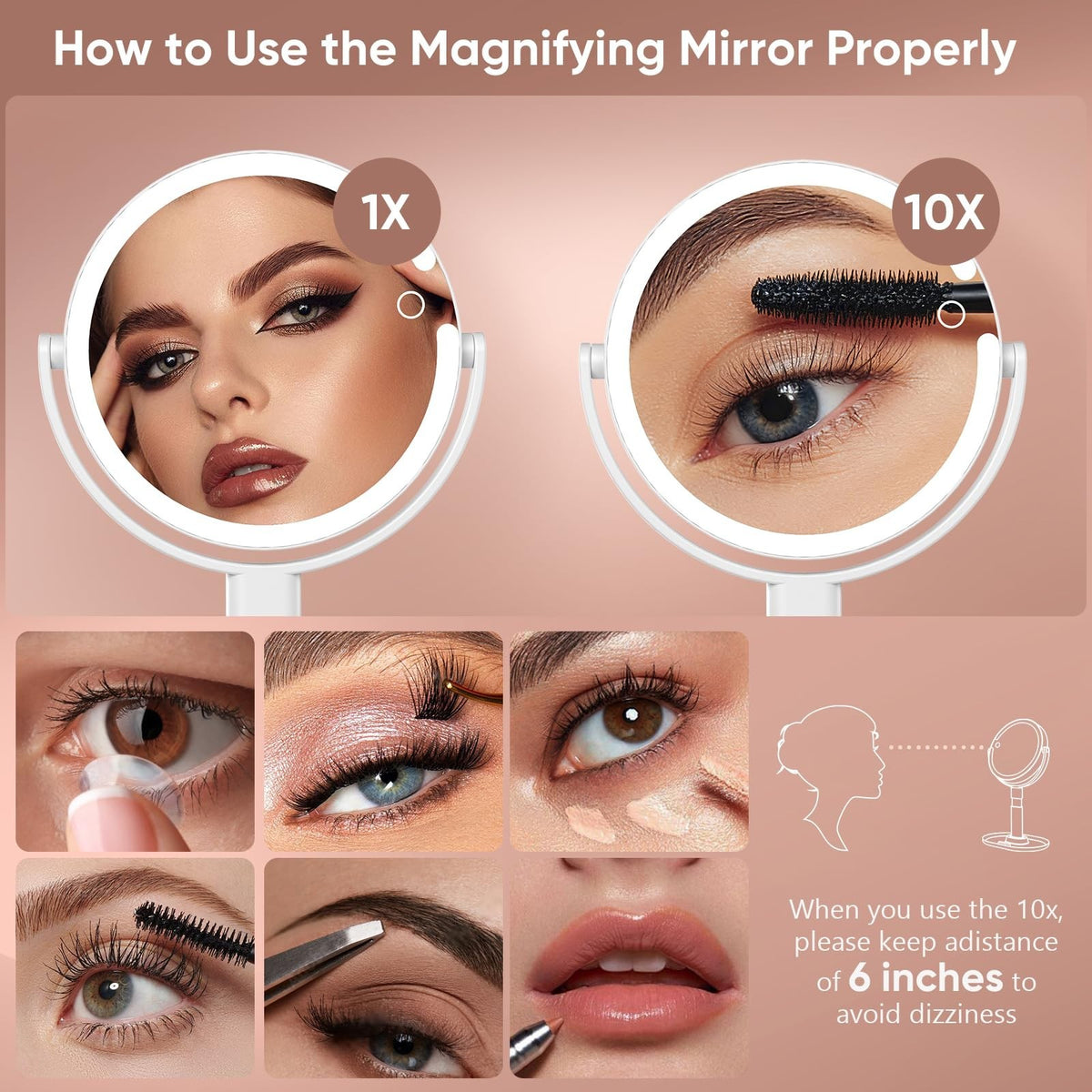 Rechargeable LED Lighted Makeup Mirror with 10X Magnification and Adjustable Height