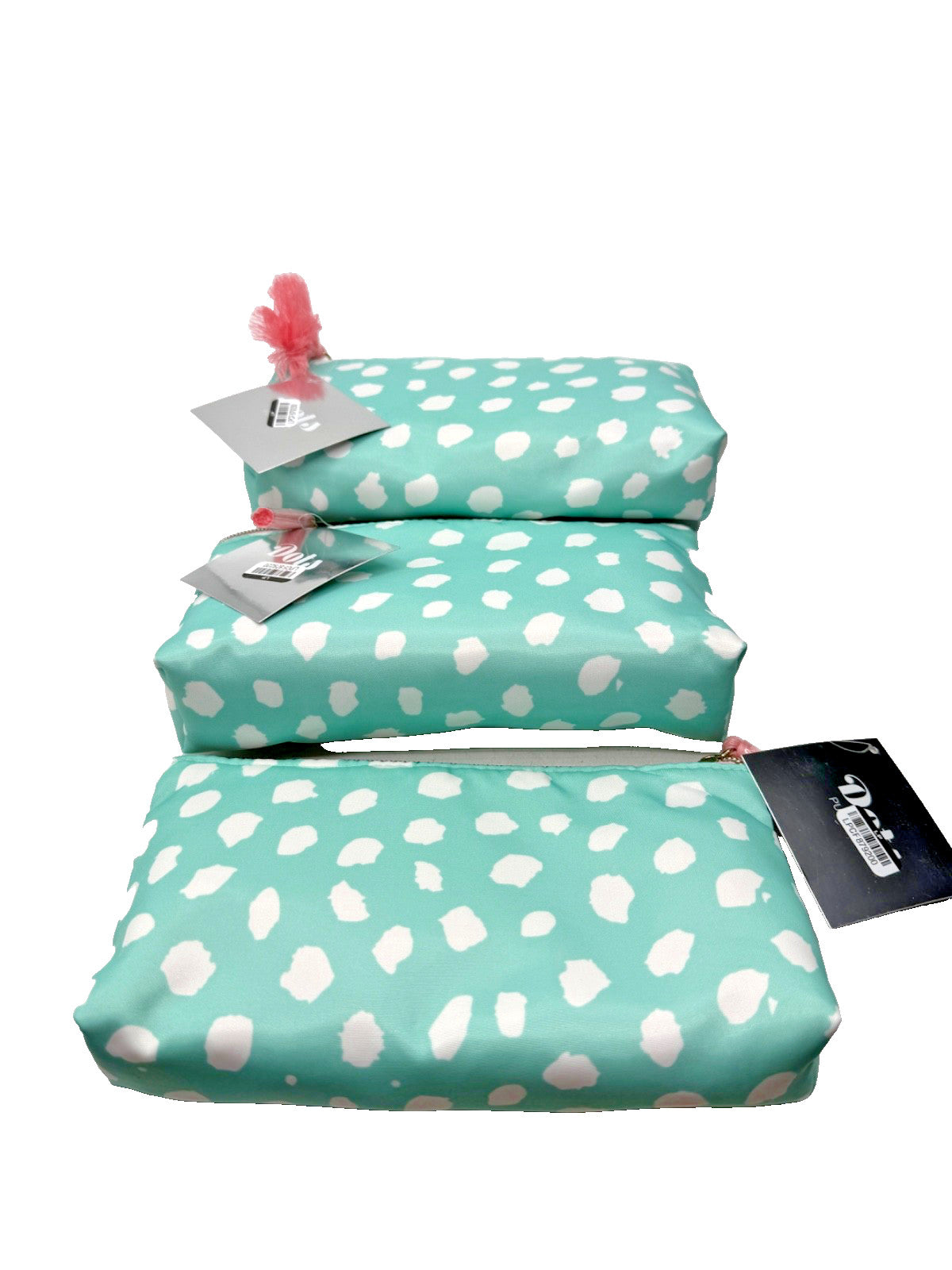 Conair Purse Kit Zippered Cosmetic Bags - Set of 3 Turquoise White Pink Dots