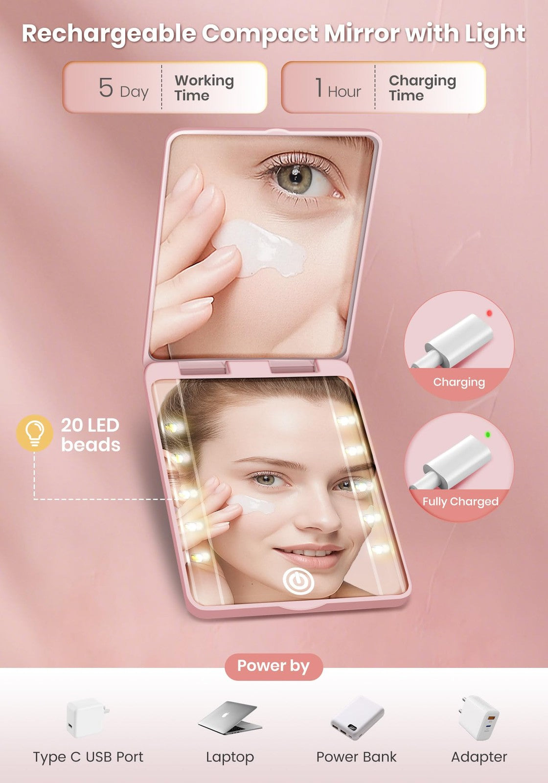 Rechargeable 30X Magnifying Compact Mirror with 3 Lighting Modes - Travel Makeup Mirror