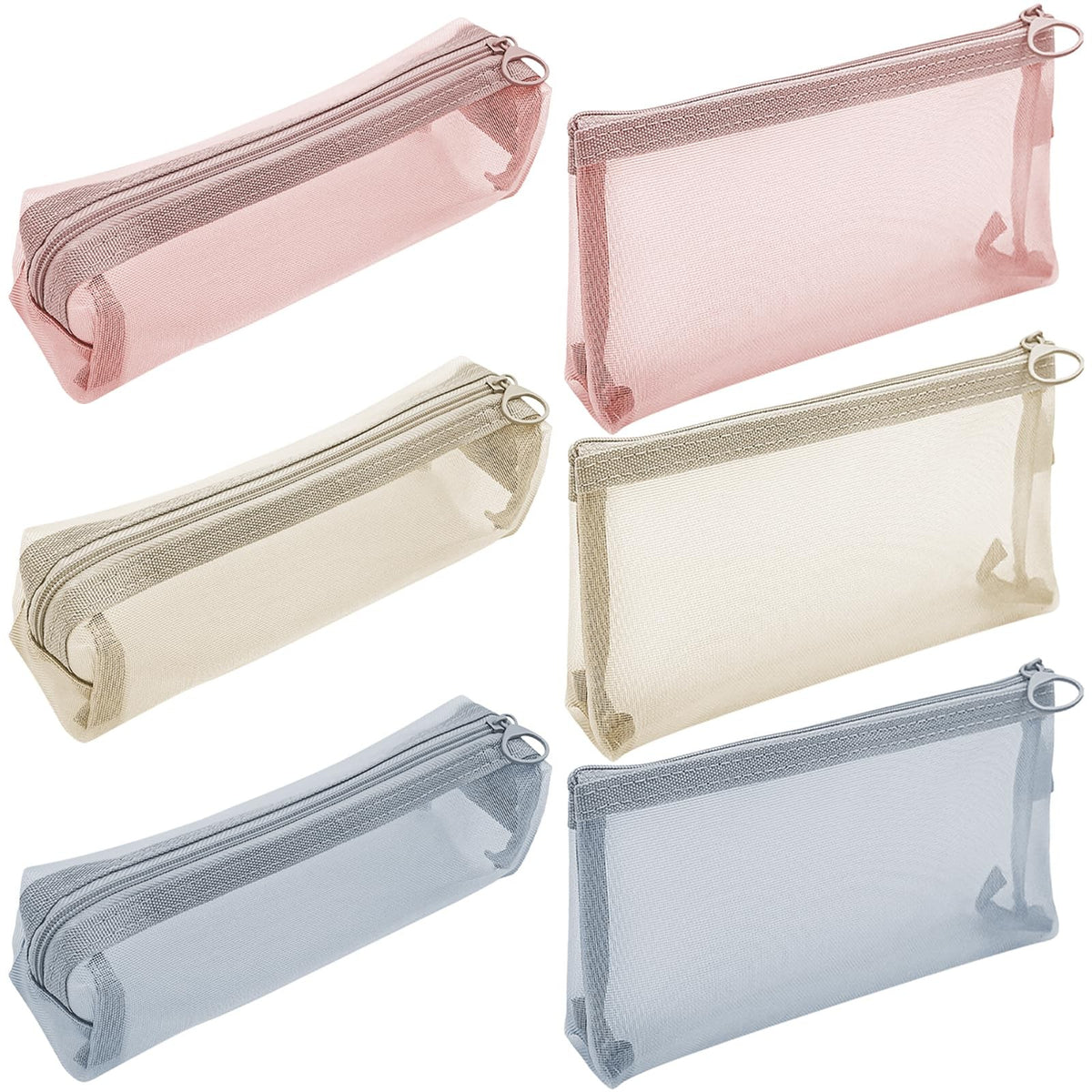6 Pack Mesh Makeup Brush and Cosmetic Bag Set - Clear Zipper Pouch Organizer