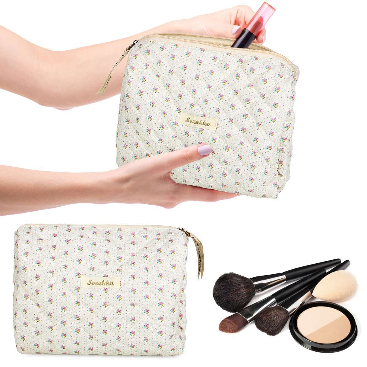 Elegant Travel Cosmetic Bag Organizer with Flower Pattern - Padded Toiletry Storage