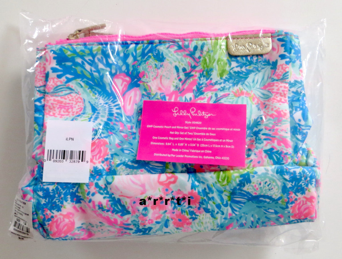 Lilly Pulitzer Double Cosmetic Pouch & Mirror Set - Colorful Travel Makeup Bag