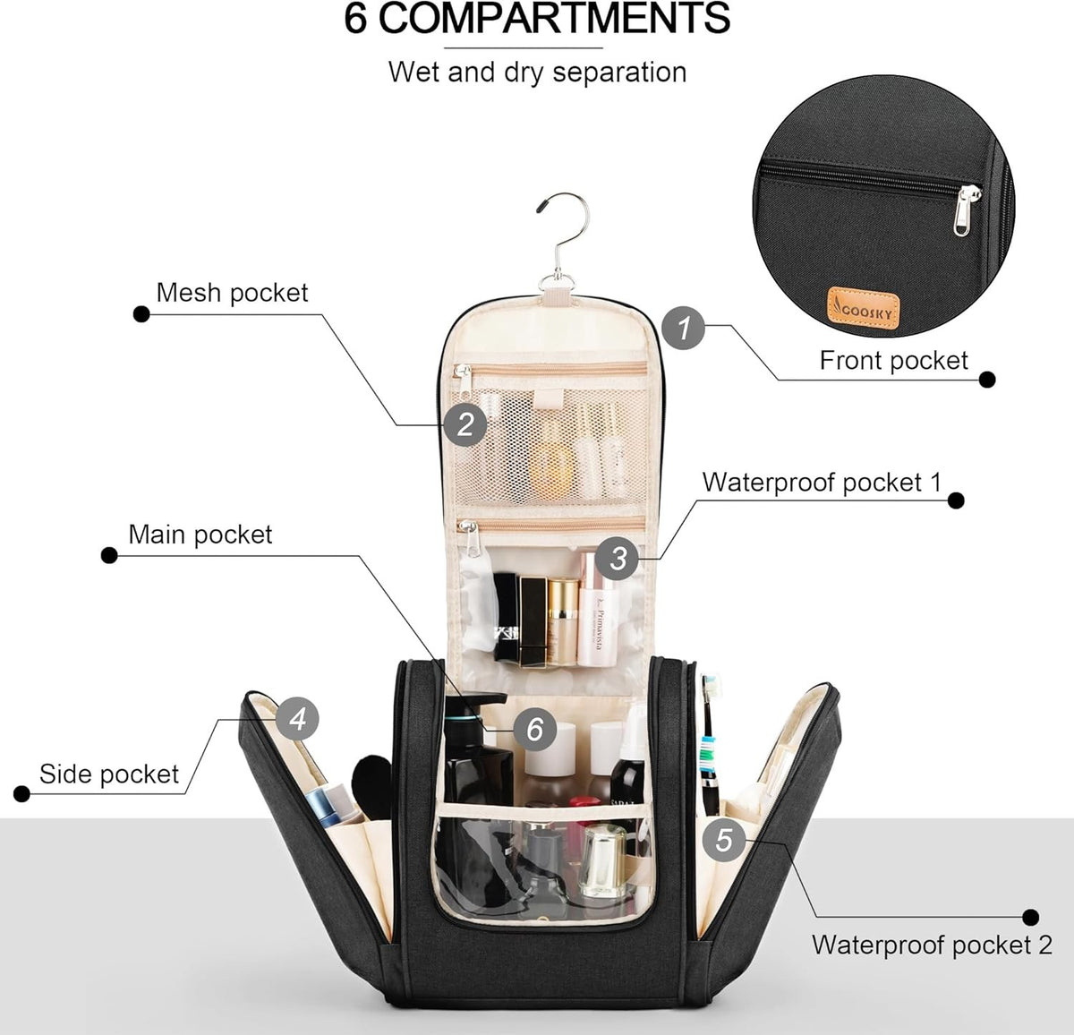 Travel Hanging Toiletry Bag with 6 Compartments Waterproof Organizer for Women & Men