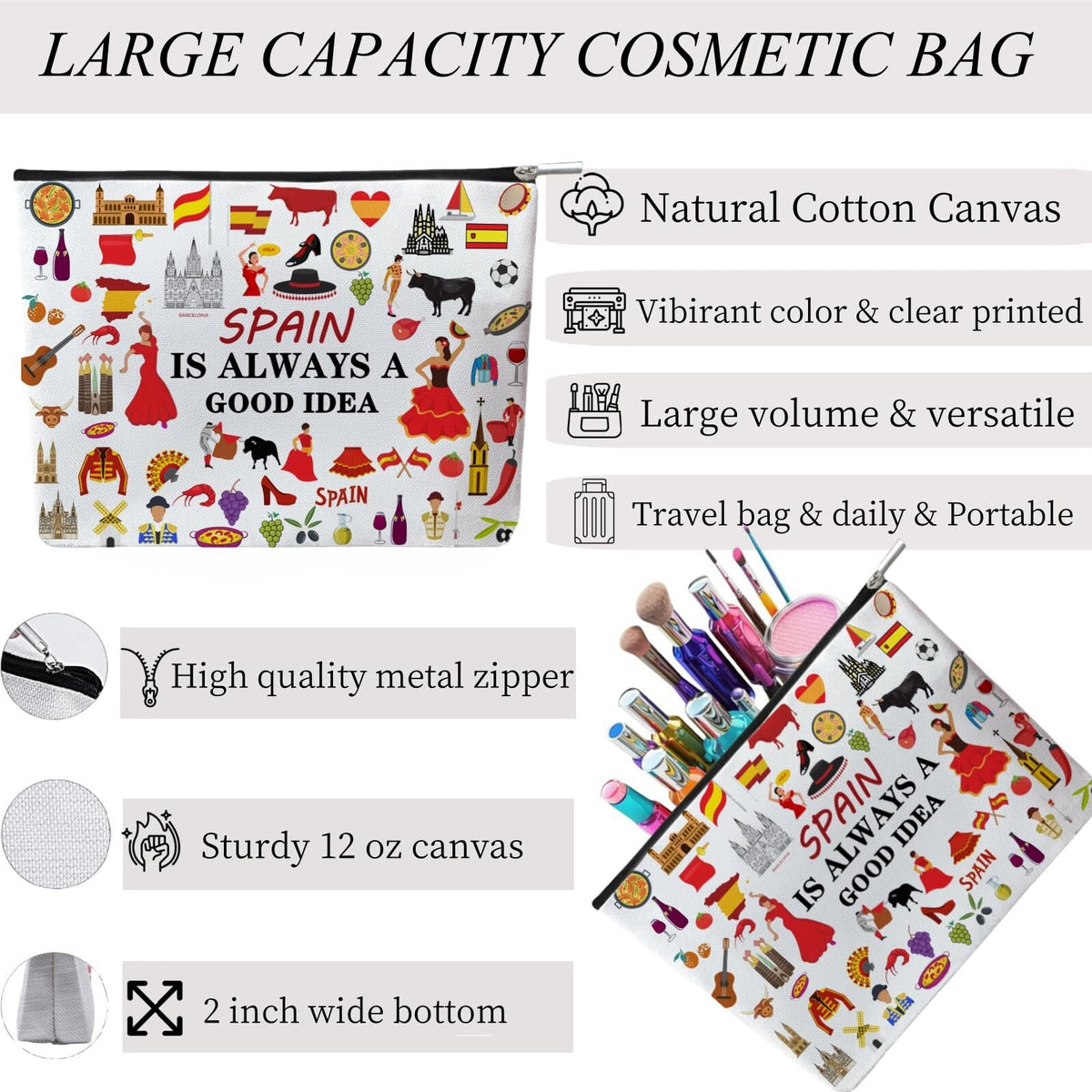 Spain Travel Souvenir Makeup Bag with Iconic Landmarks & Symbols