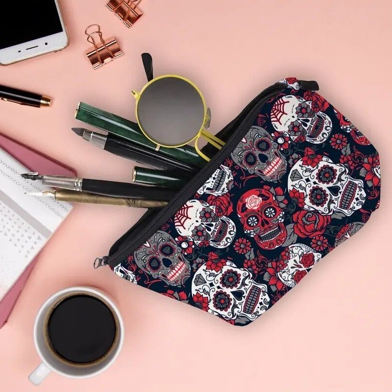 Skull Dia De Los Muertos Print Makeup Bag - Travel Essential Accessories