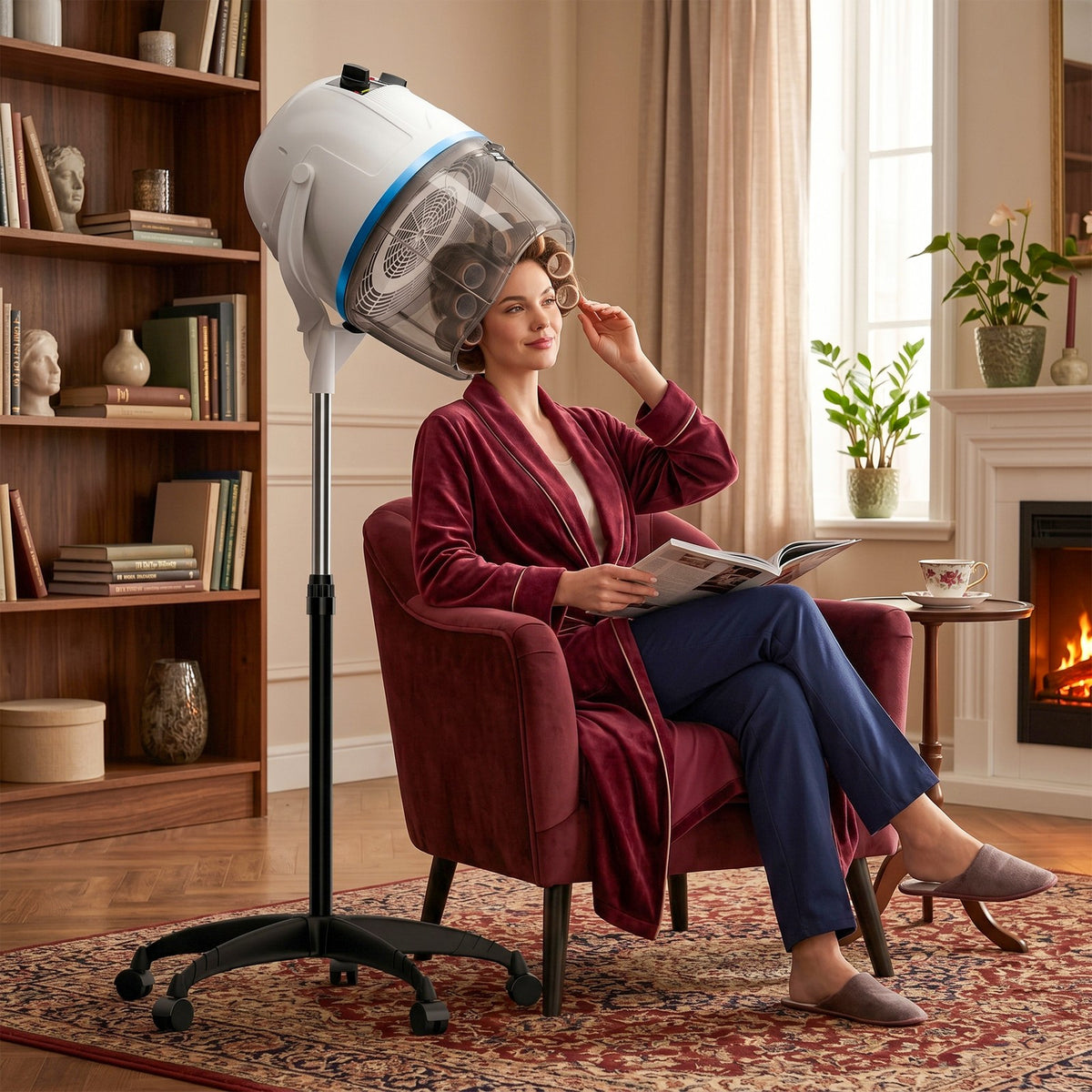 Pro Hooded Hair Dryer Adjustable Bonnet Stand Up with Wheels White