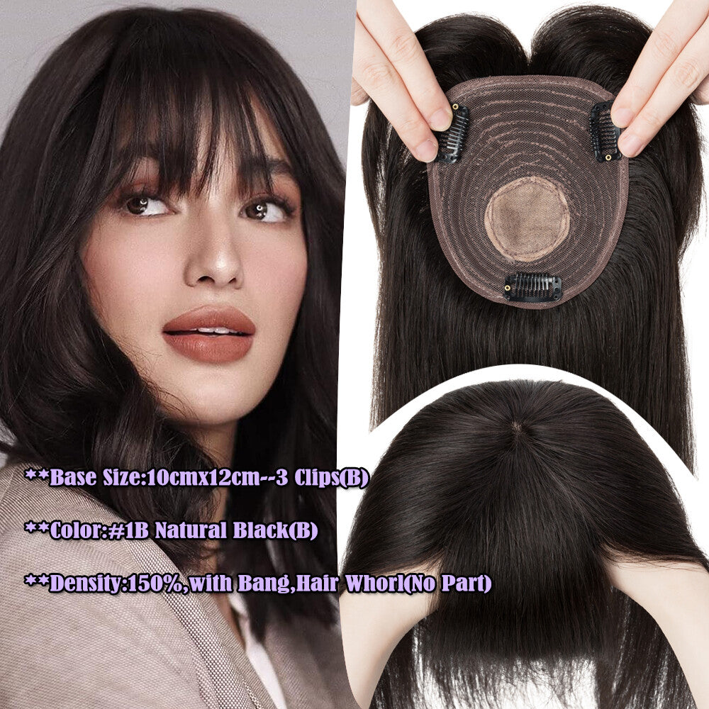 Human Hair Topper Clip-In Hairpiece with Silk Base - Brown, 6-12 Inches