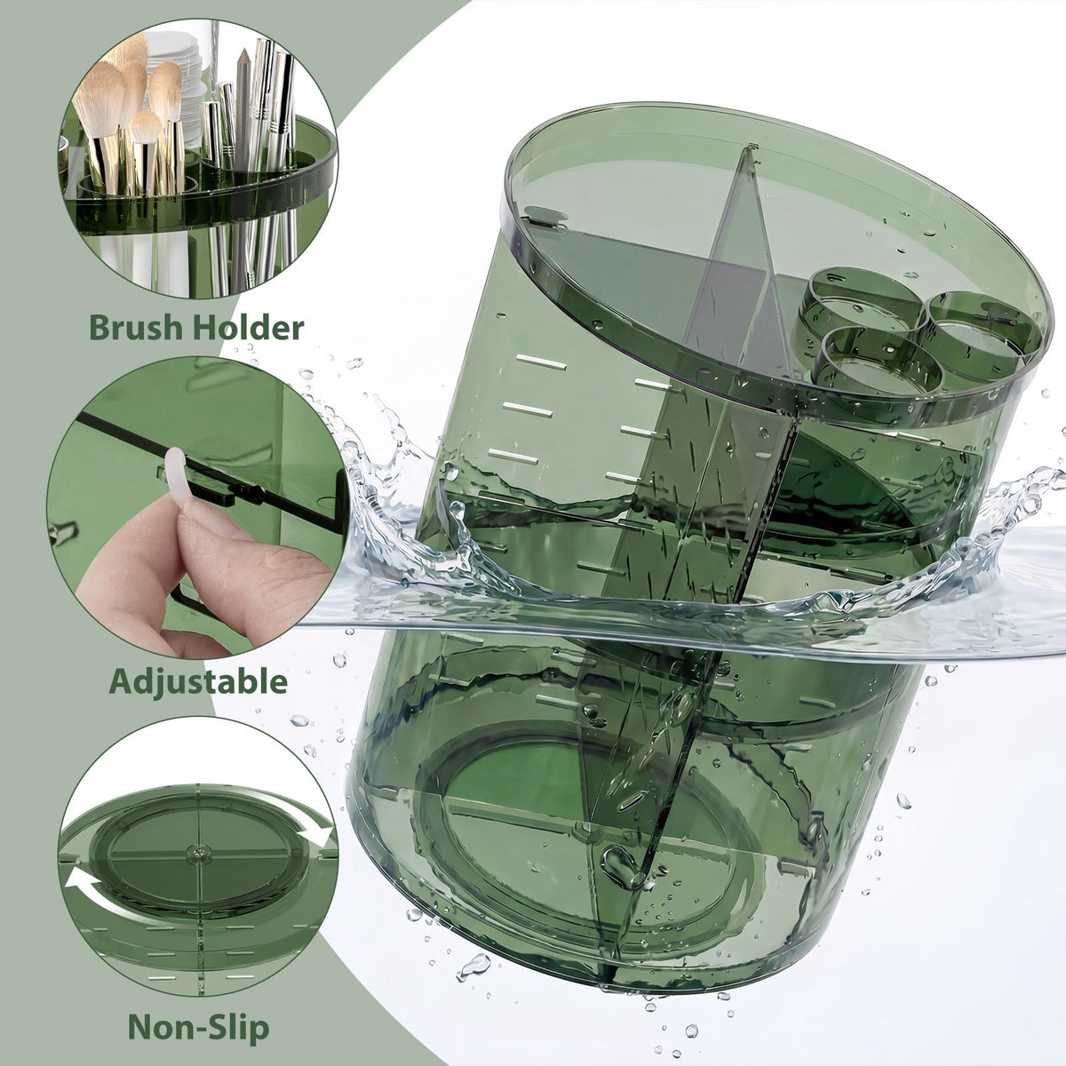 Rotating Makeup Organizer with Adjustable Layers - Clear Green, 360° Silent Spin