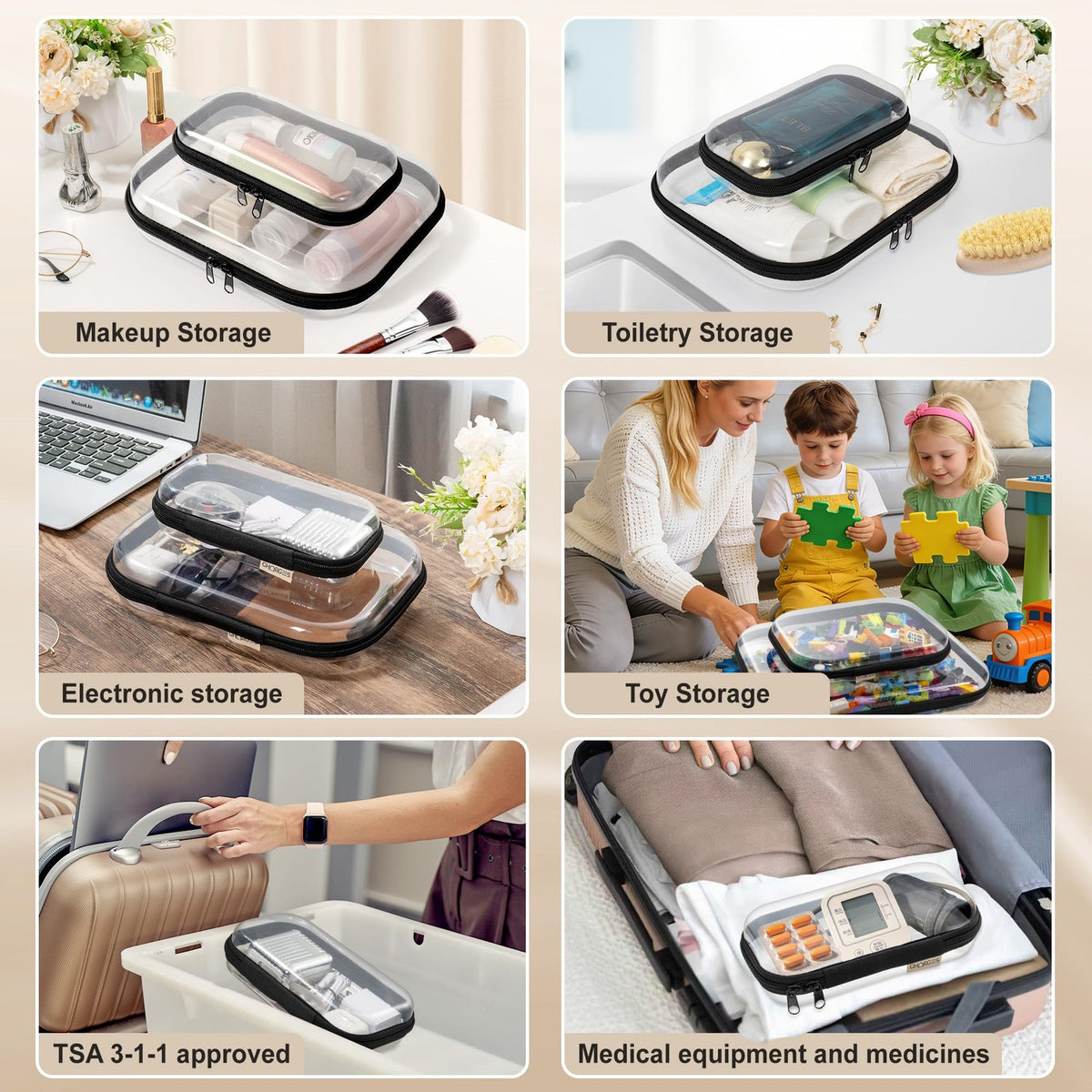 Clear Hard Shell Zipper Storage Cases Set of 3 - Travel & Organization