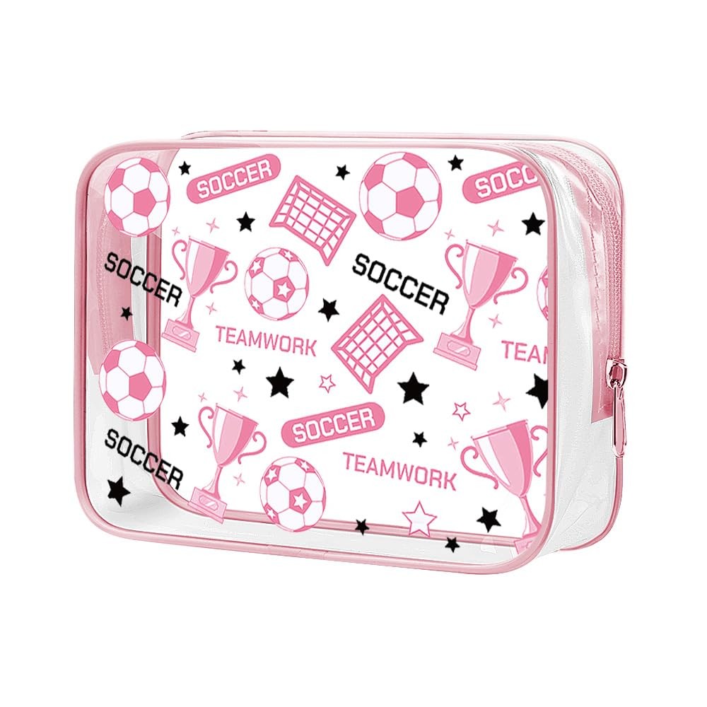 Soccer Clear Makeup Bag with Zipper - Pink Sports Cosmetic Organizer