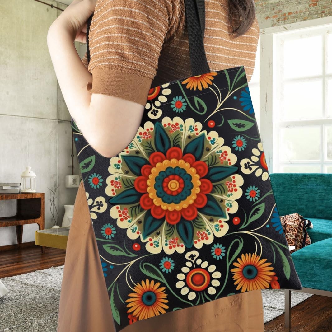 Polish Folk Art Tote Bag with Flowers - Reusable Handbag for Grocery & Travel