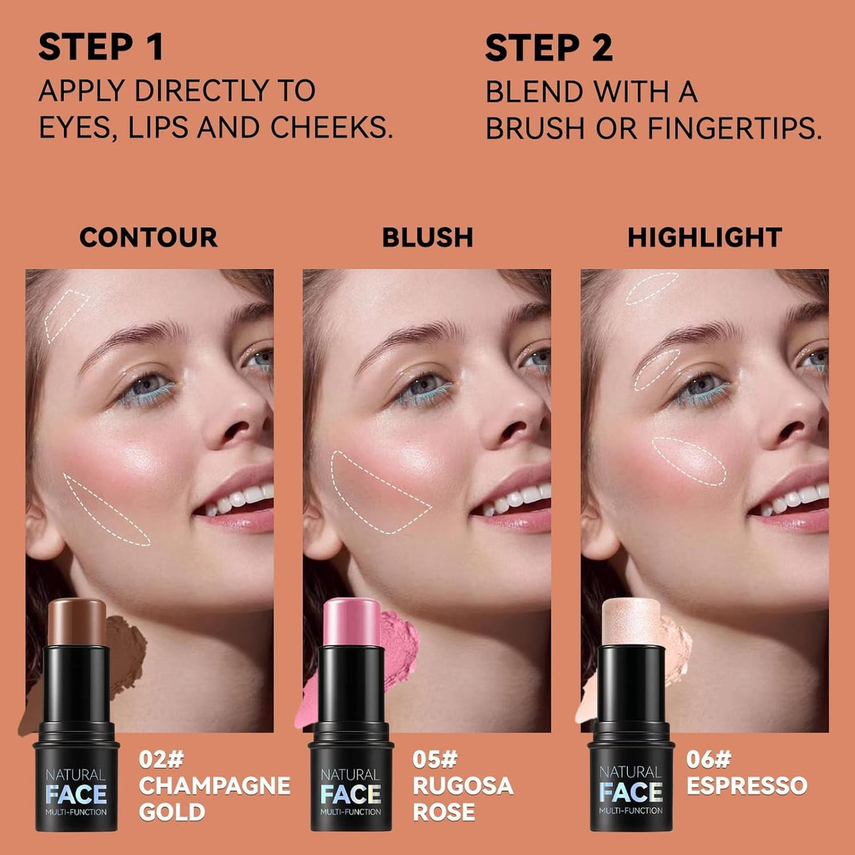 Cream Contour Stick Makeup Kit with Highlighter Blush and Bronzer - 3 Pieces