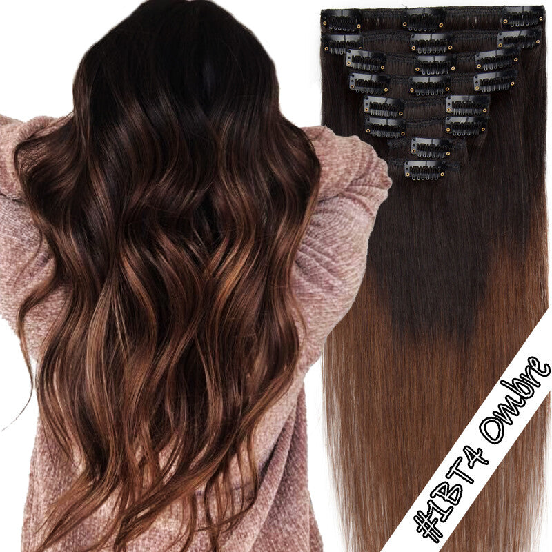 Clip-In Hair Extensions Full Head Set - 100% Remy Human Hair, Straight, Thick, Multiple Colors & Lengths