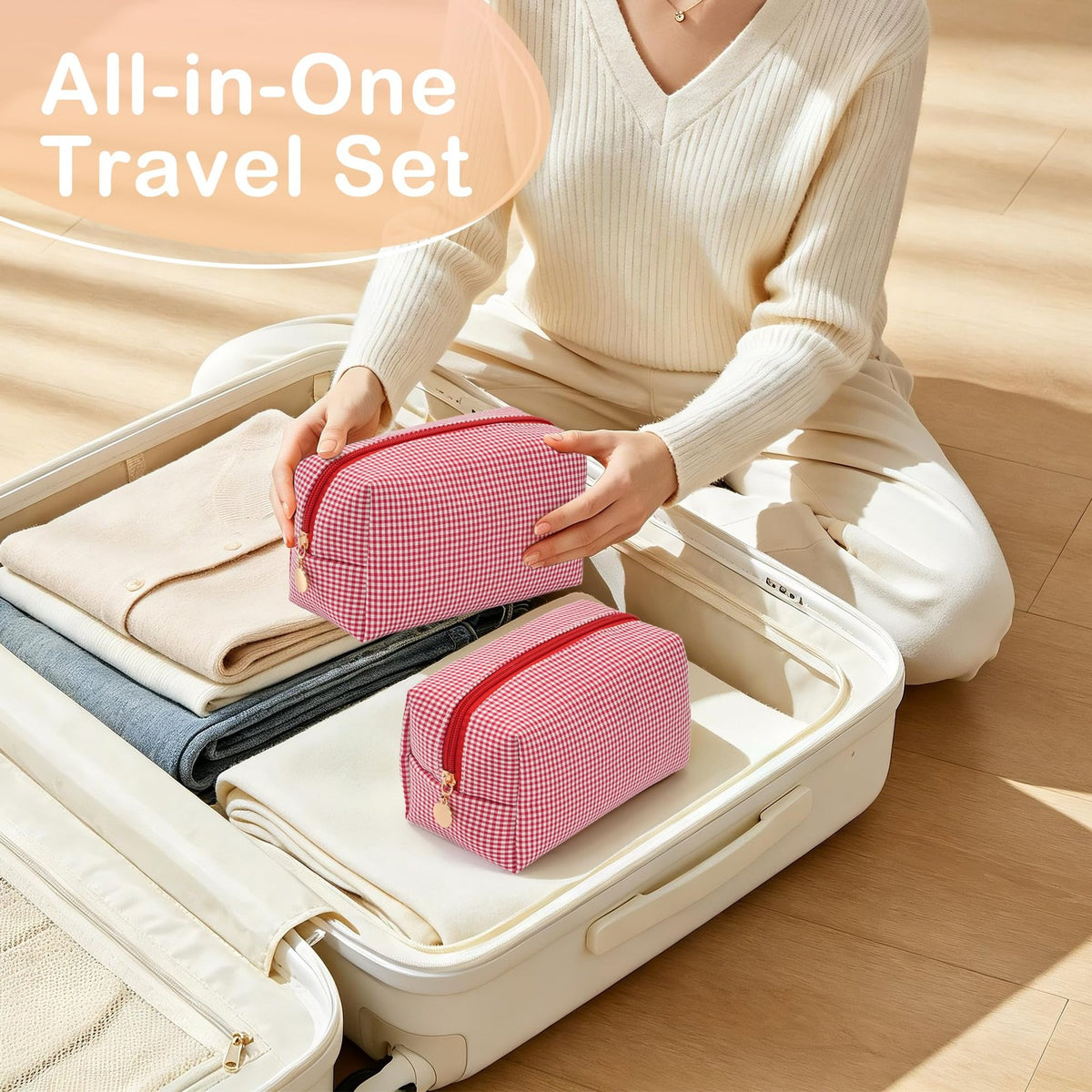 Red Gingham Makeup Bag Set - 4 Piece Cosmetic Organizer, Travel & Gift