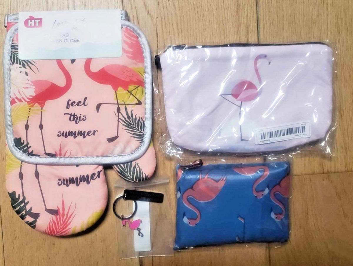Flamingo 5-Piece Makeup Bag & Purse Set with Oven Mitts & Keychain