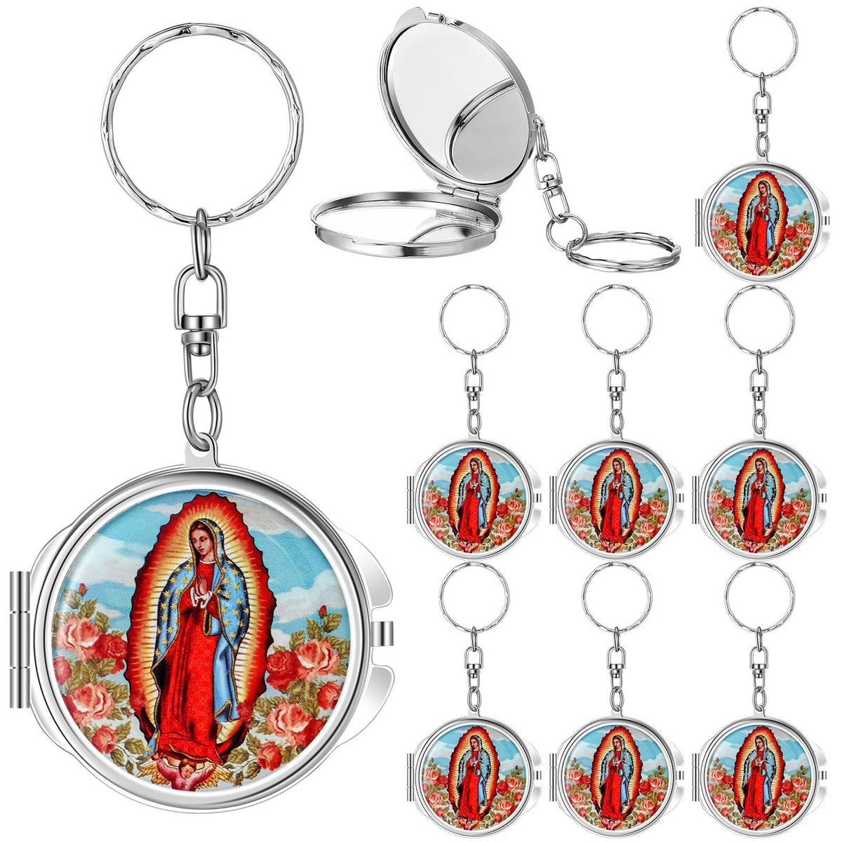 12 Pack Religious Virgen de Guadalupe Compact Mirror Keychains - Catholic Gift Set