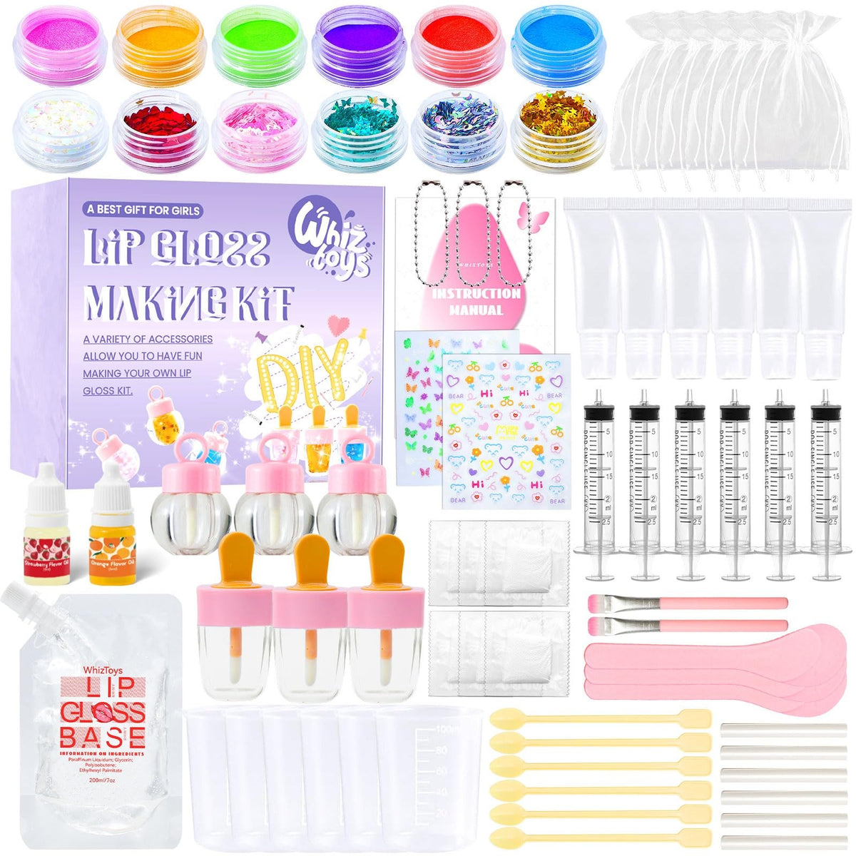 DIY Lip Gloss Making Kit with Moisturizing Base & Accessories - 74 Pieces
