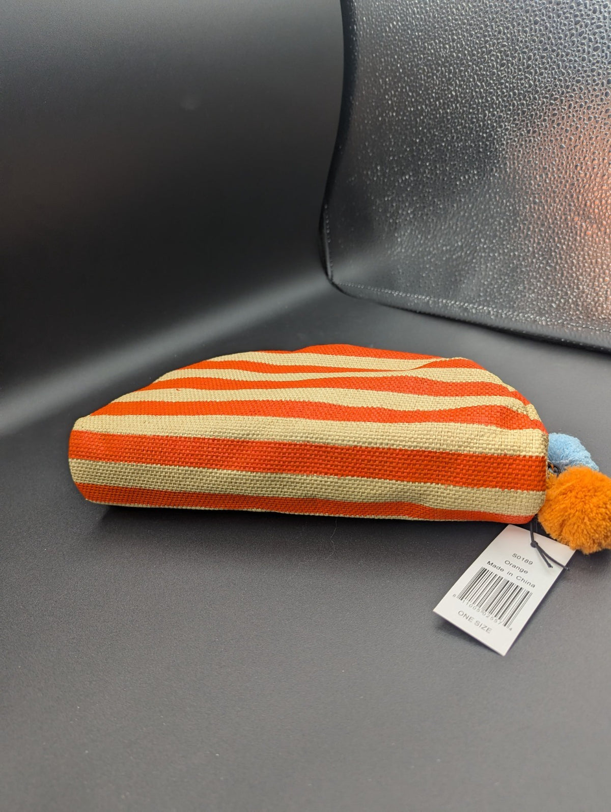 Luxury Cosmetic Bag with Pom Pom Orange Stripe Travel Makeup Purse