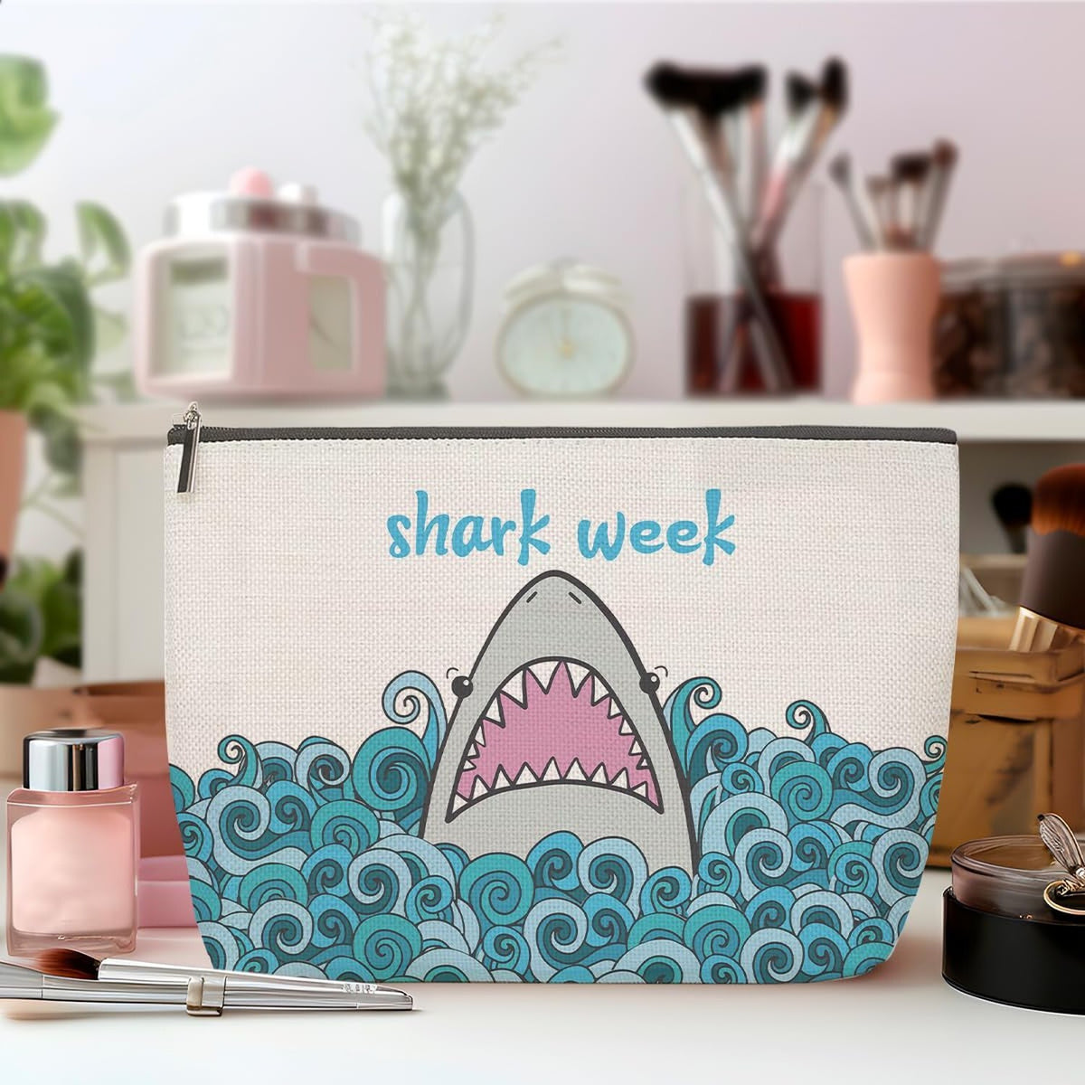 Large Waterproof Makeup Bag with Shark Design - Travel & Cosmetic Storage