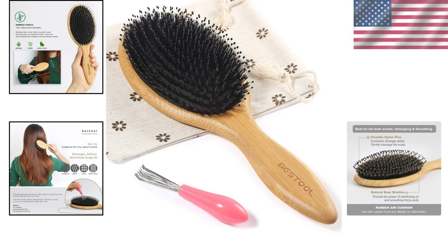All-in-One Boar Bristle Bamboo Hairbrush for Detangling & Shine