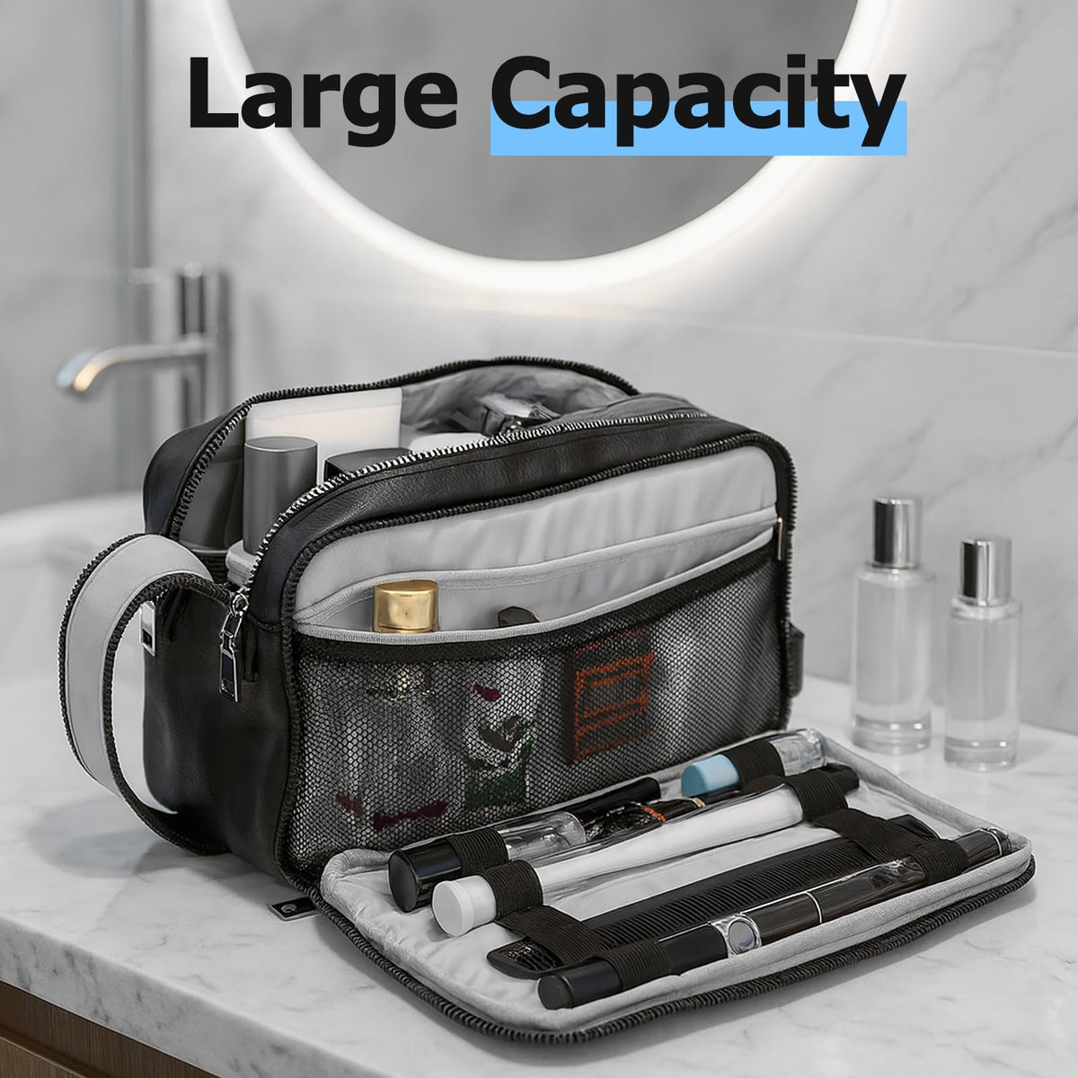 Travel Toiletry Bag for Men Leather Water-Resistant Dopp Kit Black
