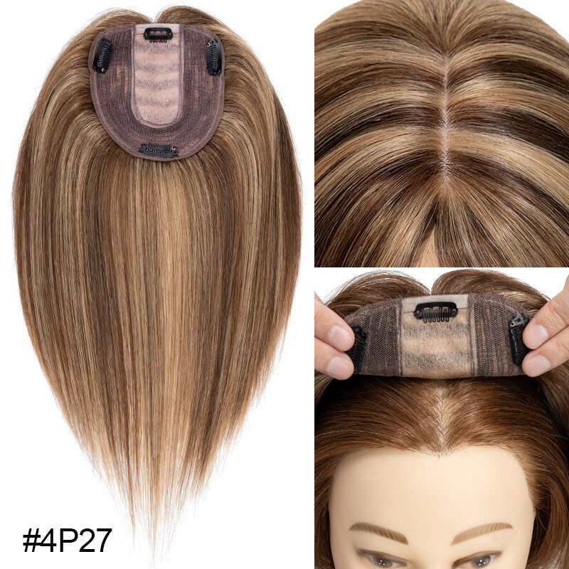 Remy Human Hair Topper Clip-In Hairpiece with Mesh Base & Claw Clips