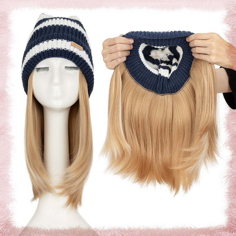 Women Knitted Wavy Wig Winter Beanie Hat - Long Curly Synthetic Hair