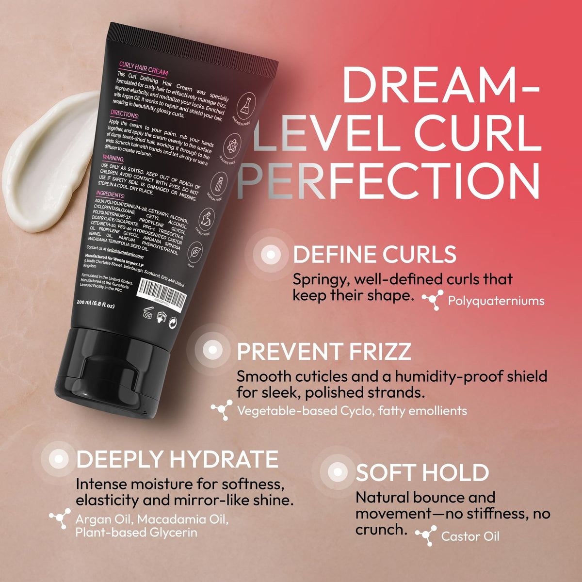 Curl Cream for Curly Hair Anti-Frizz Leave-In Styling Moisturizer 6.8 Fl Oz