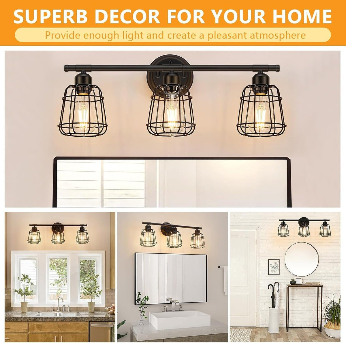 3-Light Matte Black Bathroom Vanity Light Fixture with Cage - Farmhouse Wall Sconce