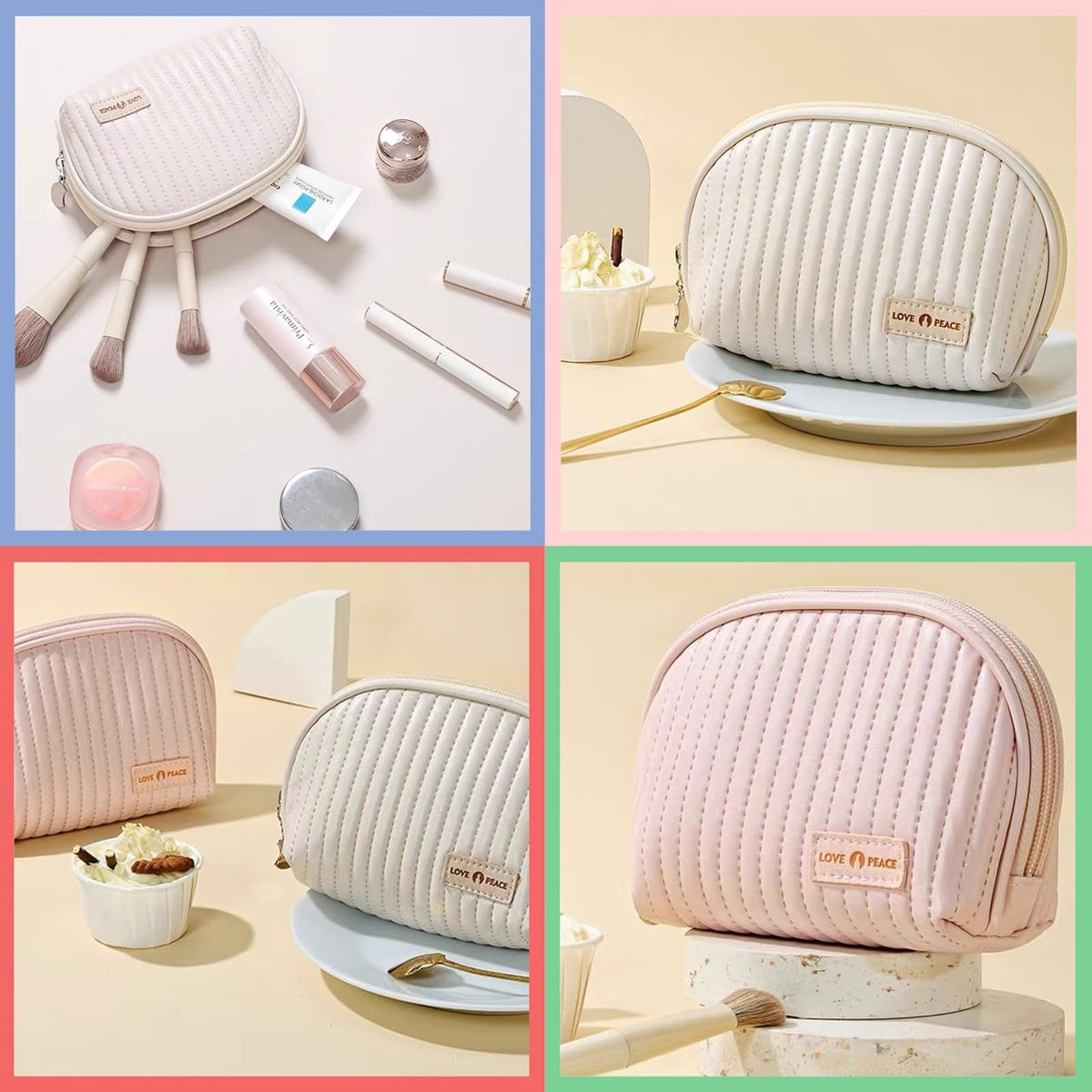 Mini Waterproof Makeup Bag for Purse Travel Organizer - Beige