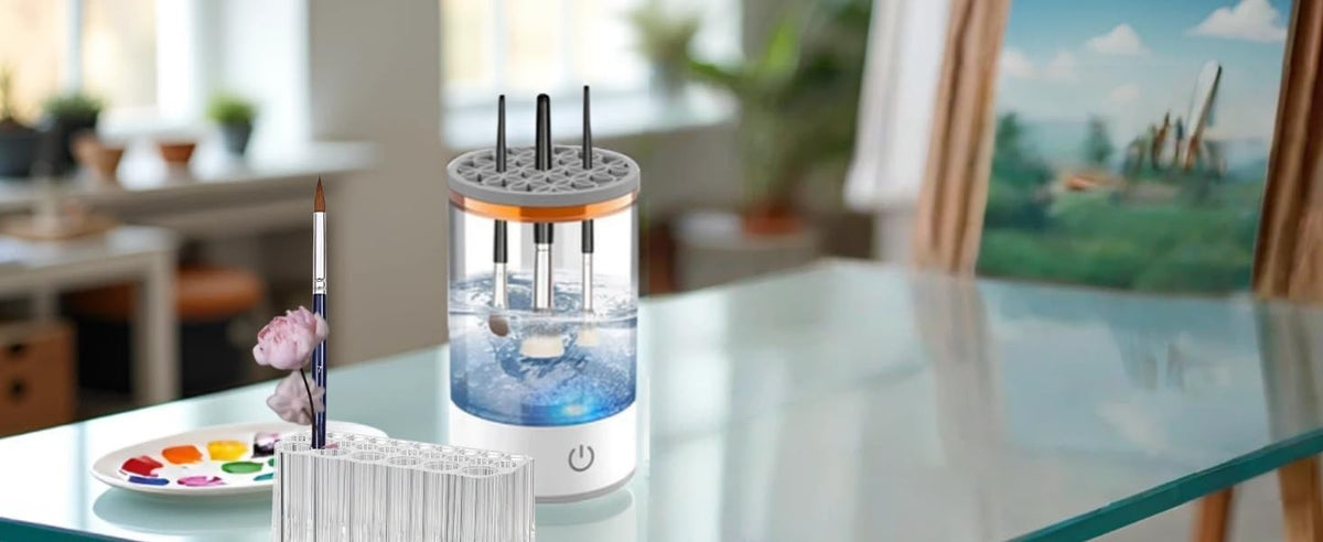 Electric Paint Brush Cleaner Rinse Cup - Cordless Auto Brush Washer with 26-Slot Holder