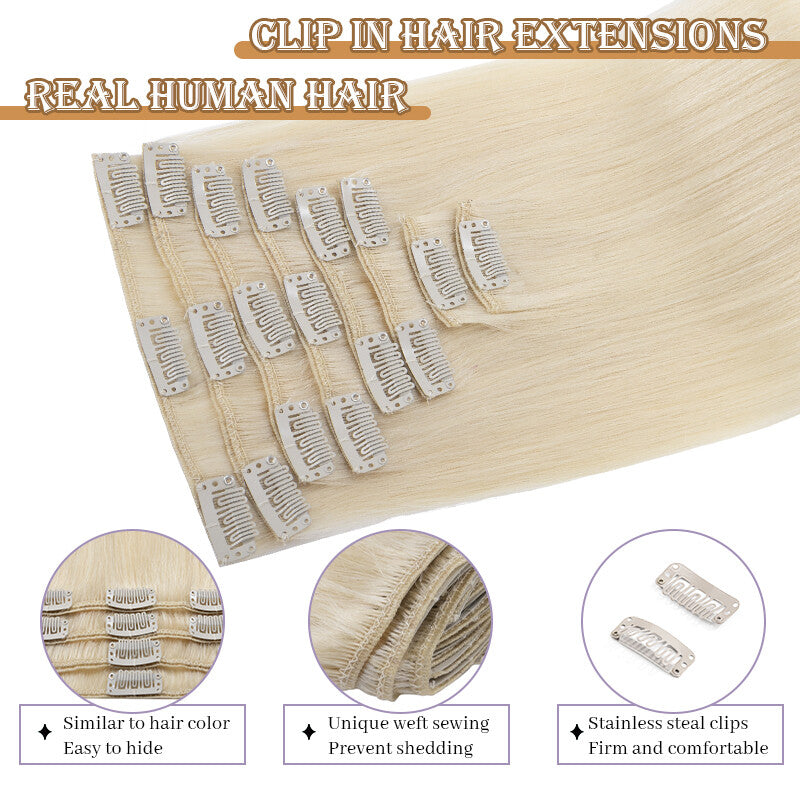 Clip In Hair Extensions 100% Human Remy Full Head Set Multiple Lengths & Colors