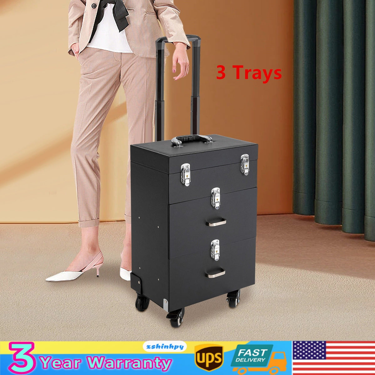 Rolling Makeup Train Case Aluminum Cosmetic Trolley Organizer with Locking Drawers