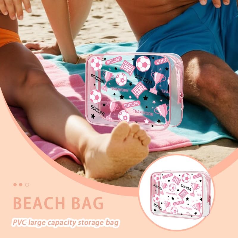 Soccer Clear Makeup Bag with Zipper - Pink Sports Cosmetic Organizer