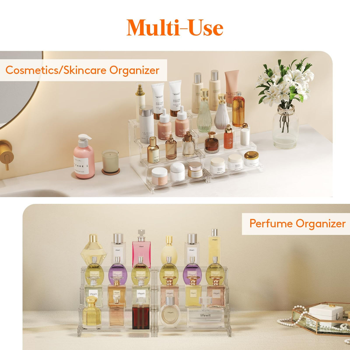 4-Tier Clear Plastic Perfume Stand Organizer - Space-Saving Display Rack