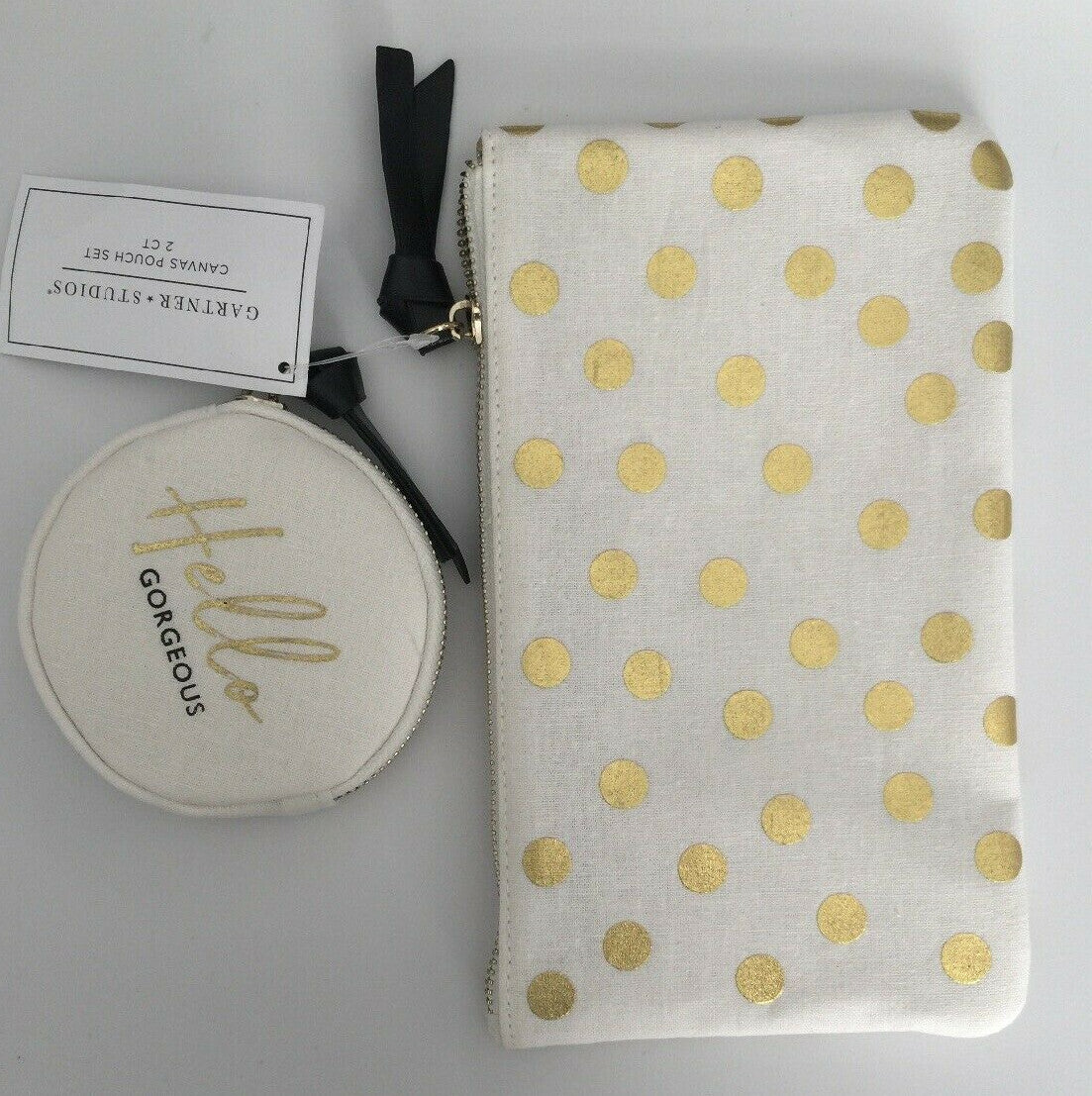 Gold Polka Dot Canvas Cosmetic Pouch Set - 2 Pieces Travel & Makeup Bag