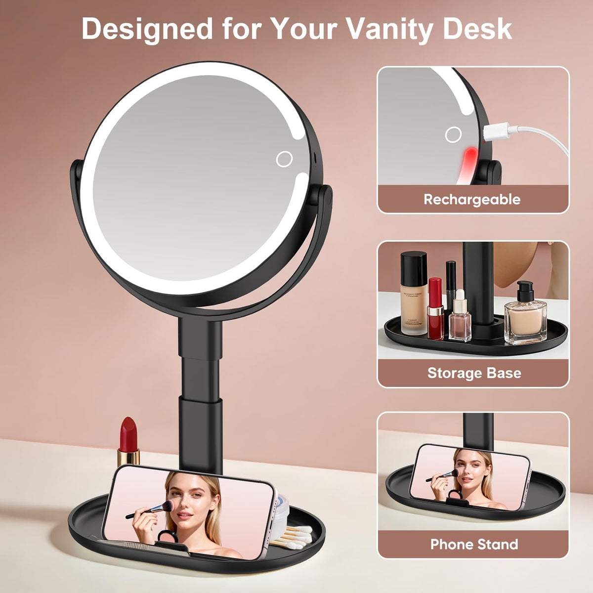 Lighted Makeup Mirror with 10X Magnification, Rechargeable LED, Adjustable Brightness