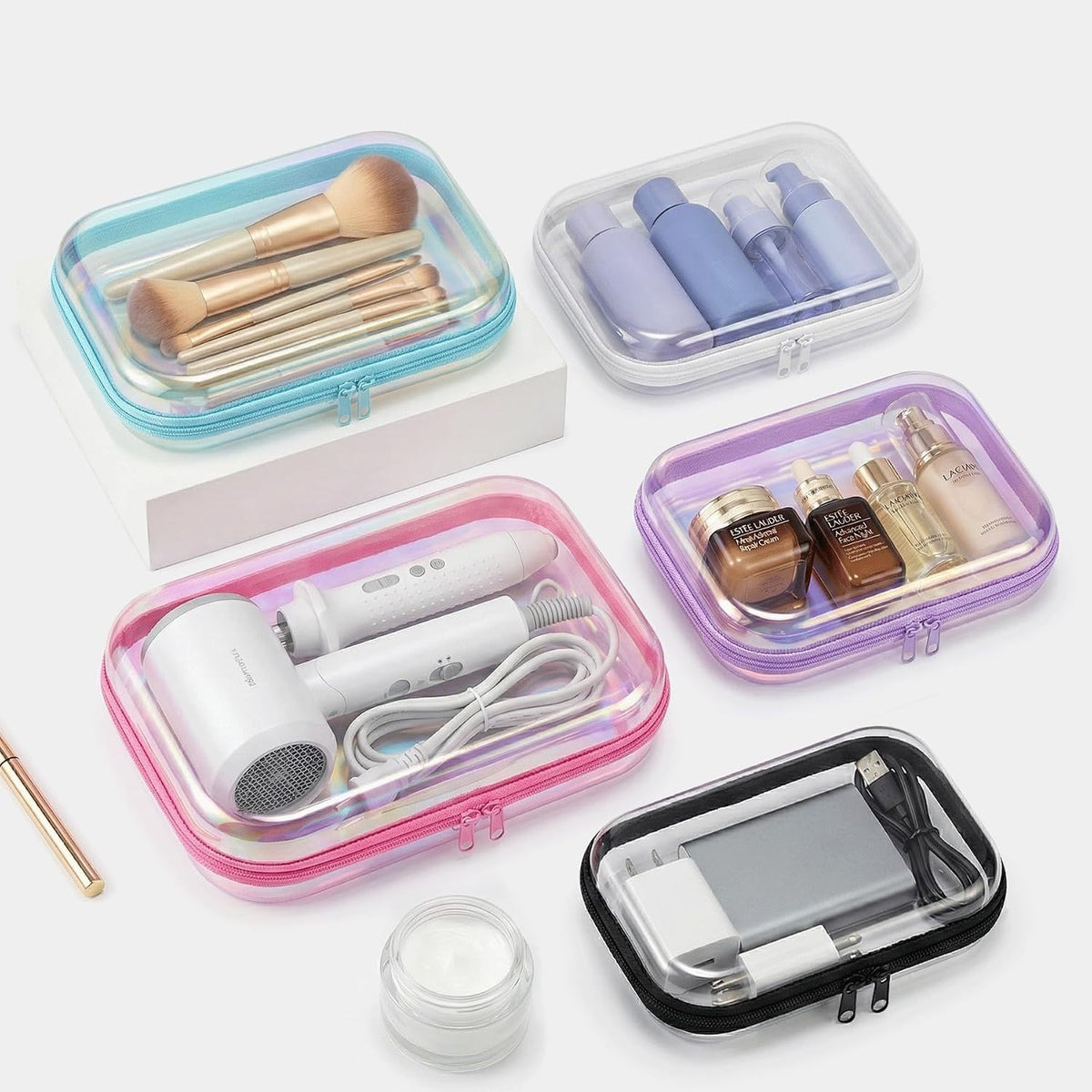 Iridescent Clear Travel Organizer Set - Waterproof Makeup & Toiletry Bags