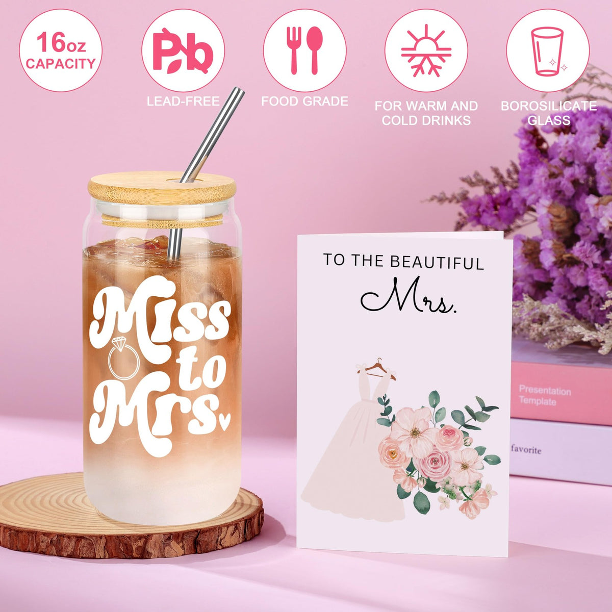 Bride Gift Set with Glass Cup Tote Cosmetic Pouch & Greeting Card - Bridal Shower & Wedding