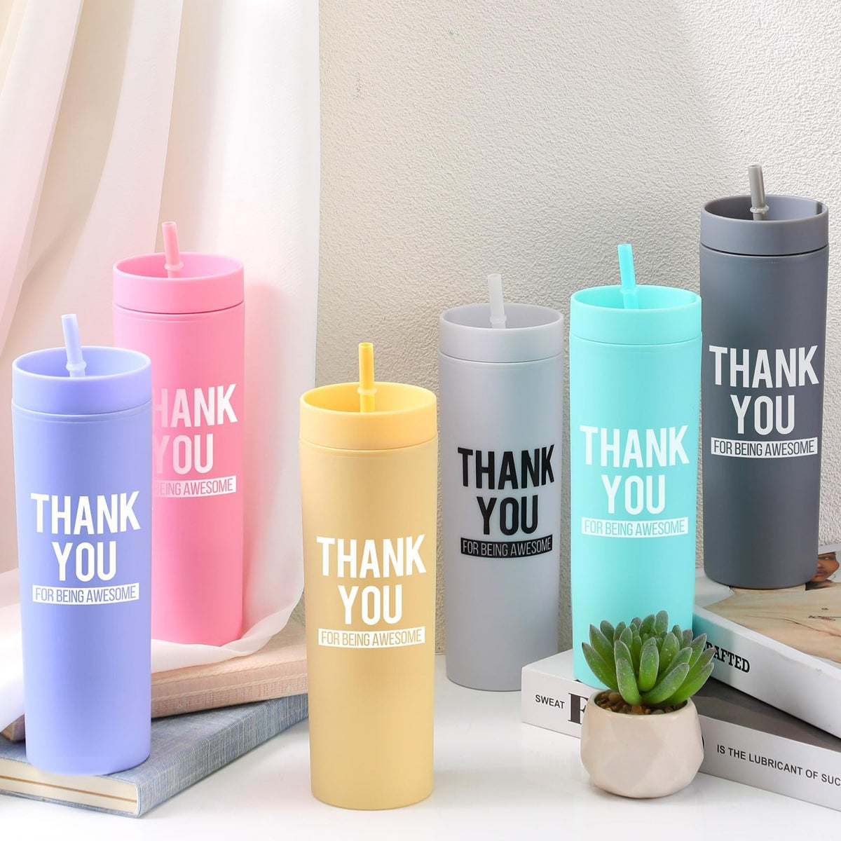 6 Pack Insulated Reusable Tumblers with Lids and Straws for Gift, 16oz