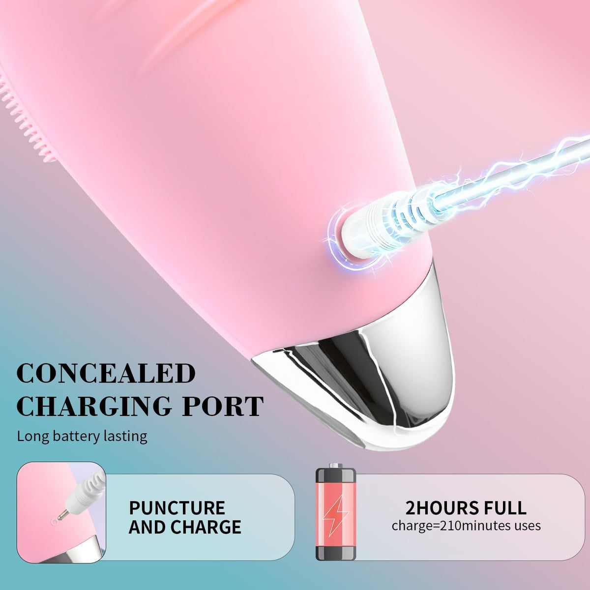 Rechargeable Silicone Facial Cleansing Brush with 5 Pink Modes & Metal Massage Head