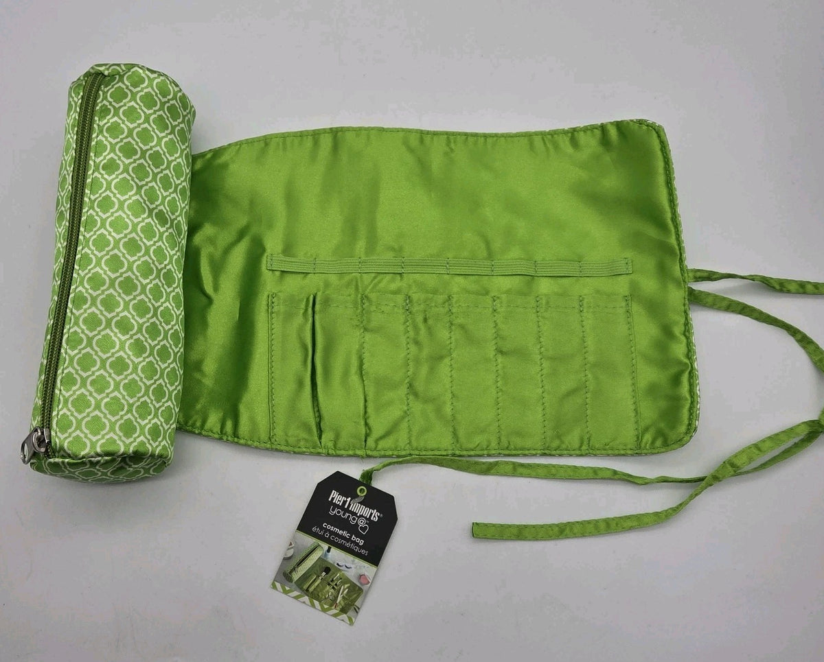 Pier 1 Imports 3-Piece Green Cosmetic Bag Set with Brush Roll and Pouches