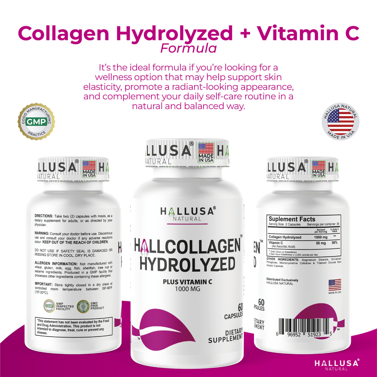 Hydrolyzed Collagen 1000mg with Vitamin C Capsules for Skin Hair Nails - Anti-Aging Support